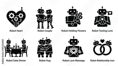 Robot Love Vector Icon Set – Futuristic Vectors Featuring Robot Couples, Hugs, Heart Messages, Flower Gifts, Dinner Dates, Texting Love, and Relationship Gears