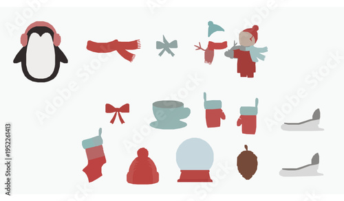 Whimsical winter clipart vector collection with animals, clothes, and cozy details