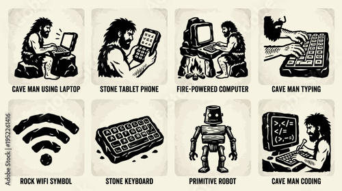 Caveman Tech Vector Icon Set – Humorous Vectors Featuring Stone Tablets, Primitive Robots, Rock Wi-Fi, Caveman Coding, Laptop Typing, Dinner Dates, and Fire-Powered Computers