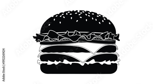 A stylized black and white illustration of a classic cheeseburger