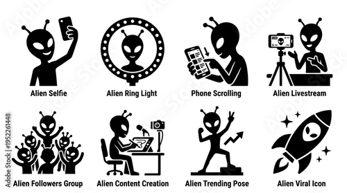 Alien Influencer Vector Icon Set – Sci-Fi Vectors Featuring Alien Selfies, Livestreams, Content Creation, Phone Scrolling, Viral Rockets, Followers, Thinking Poses, and King Light Frames