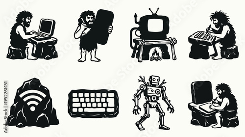 Caveman Tech Vector Icon Set – Humorous Vectors Featuring Stone Tablets, Primitive Robots, Rock Wi-Fi, Caveman Coding, Laptop Typing, Dinner Dates, and Fire-Powered Computers