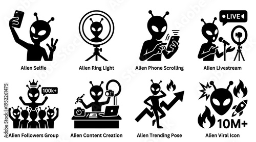 Alien Influencer Vector Icon Set – Sci-Fi Vectors Featuring Alien Selfies, Livestreams, Content Creation, Phone Scrolling, Viral Rockets, Followers, Thinking Poses, and King Light Frames