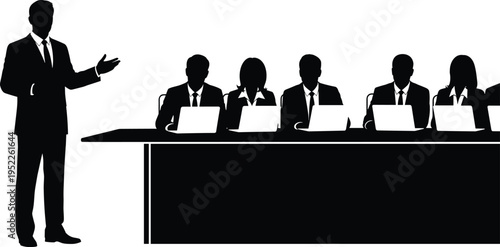 Business presentation silhouette of a speaker talking to a professional team in a conference room with laptops, corporate training seminar.