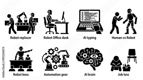 Automation & Job Displacement Vector Icon Set – Futuristic Vectors Featuring Robot Workers, AI Brains, Office Desks, Gear Systems, Human vs Robot Conflict, and Job Loss Symbols