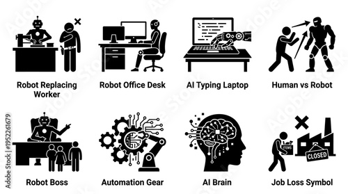 Automation & Job Displacement Vector Icon Set – Futuristic Vectors Featuring Robot Workers, AI Brains, Office Desks, Gear Systems, Human vs Robot Conflict, and Job Loss Symbols