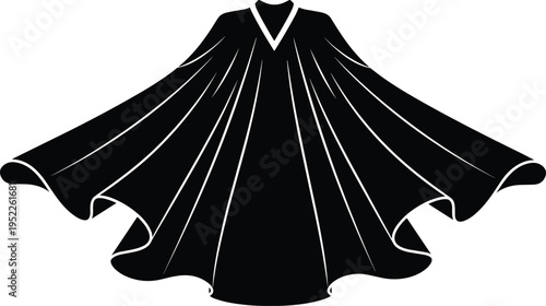 Black superhero cape silhouette, flowing fabric drapery, heroic costume accessory icon, fluttering mantle for justice and power, comic book style