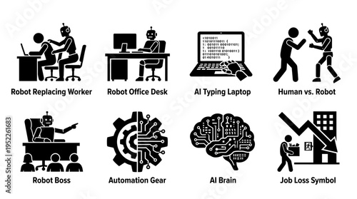 Automation & Job Displacement Vector Icon Set – Futuristic Vectors Featuring Robot Workers, AI Brains, Office Desks, Gear Systems, Human vs Robot Conflict, and Job Loss Symbols
