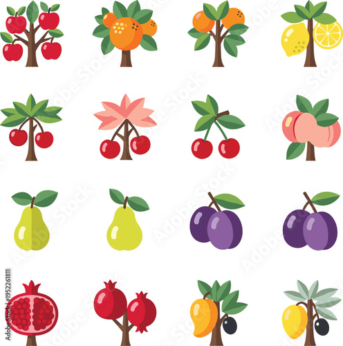 Fruit Tree Icon Collection Featuring Apple, Orange, Lemon, Cherry, Peach, Pear, Plum, Pomegranate, and Tropical Fruits for Garden and Agriculture Design