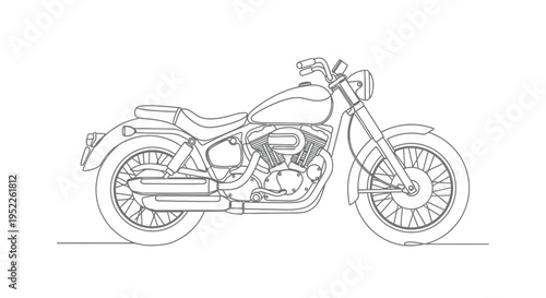 Line art illustration of a classic cruiser motorcycle in a side view