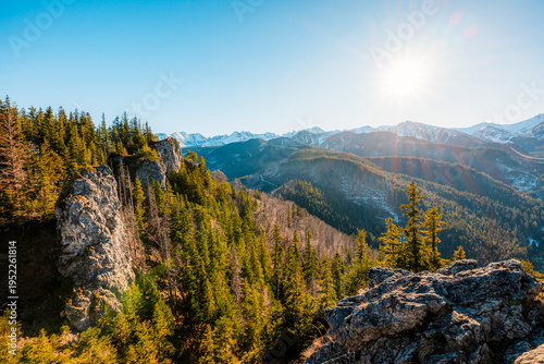 Winter snow hiking near city of Zakopane with view of poland Tatra mountains from Nosal peak in Poland