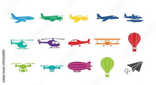 Colorful icons depicting various types of aircraft and flying vehicles