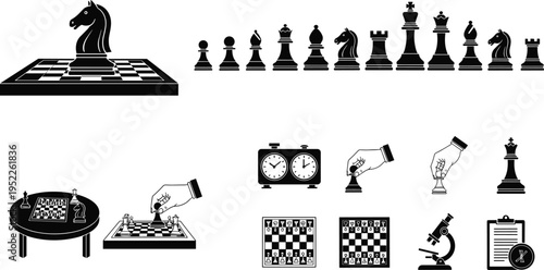 Chess game icons set featuring chessboard pieces strategy moves clock competition black silhouette illustration collection for business education concept