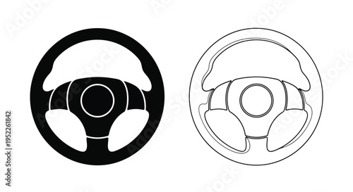 Two steering wheels one solid black and one outlined shown in a graphic style