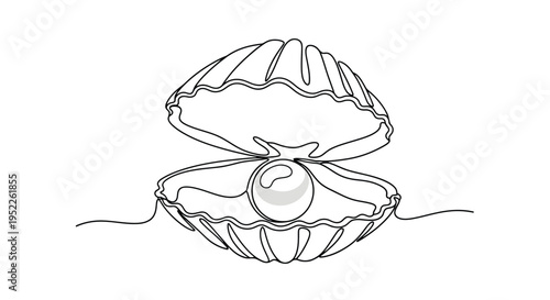 Minimalist line drawing of an open seashell with a pearl inside