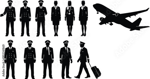 Airline crew silhouettes set featuring pilots and flight attendants with airplane travel aviation uniform black illustration collection