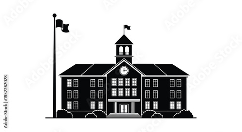 Black and white silhouette of a classic school building with flags