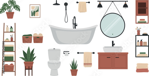Modern bathroom interior elements collection with various fixtures, furniture, and decorative accessories in a clean, minimalist flat design style.