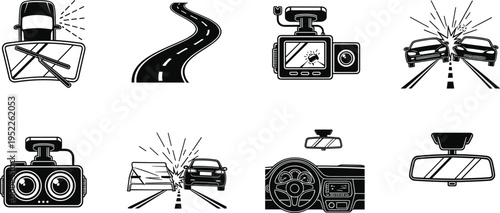 Car dashcam icons set, driving recorder accident monitoring symbols, road safety cameras collision scenes, automotive black vector illustration