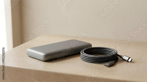 Photorealistic Power Bank and Charging Cable on Neutral Surface with Copy Space