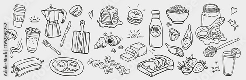 Breakfast Food Doodle Set with Pancakes, Eggs, Sausage, Coffee Maker, Milk Bottle and Bakery Elements, Hand Drawn Morning Icons.