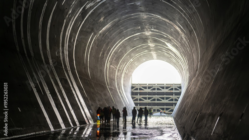 Foto Silhouette of workers inside a large concrete tunnel at a dam construction site, with natural light at the tunnel exit