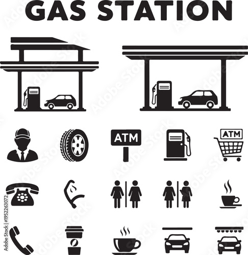 Gas Station and Service Objects icons Set, Black and white, Silhouette, Minimart, Toilet, Car Wash, ATM