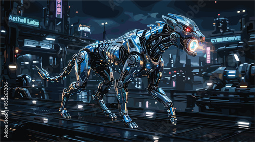 Futuristic Robotic Dog in Cyberpunk City Illustration with Advanced AI Machine Animal Walking Through Neon Sci Fi Urban Street at Night