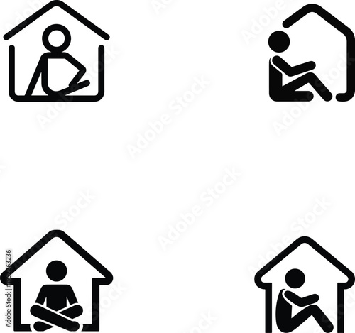 Stay at Home Icon Set – People Sitting Inside House Line and Solid Icons, Home Isolation Concept Vector EPS