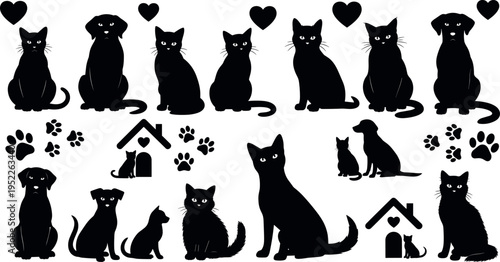 Cat and dog silhouette collection with pet poses hearts paw prints and home icons cute domestic animals vector illustration set