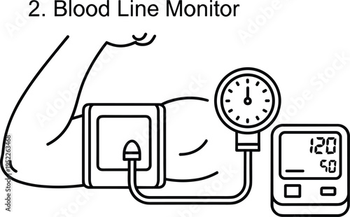 Blood pressure monitor line illustration, medical device measuring arm pressure, healthcare concept, digital sphygmomanometer, minimal outline design, vector graphic