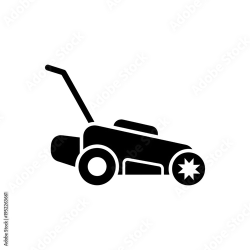 A simple black silhouette depicts a classic rotary lawnmower on a white background silhouette