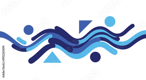 Blue wavy abstract line art with geometric shapes on white