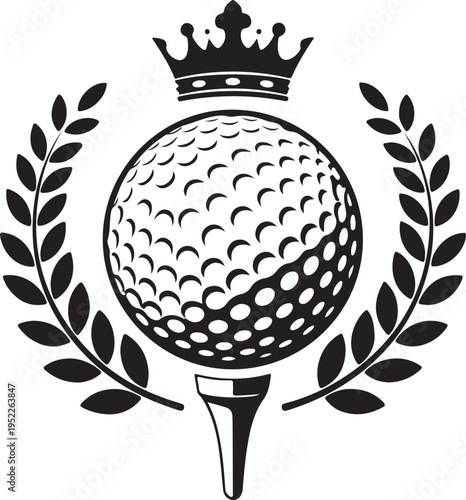 Golf ball vector logo. Golf ball on tee with wreath and crown. Vector illustration