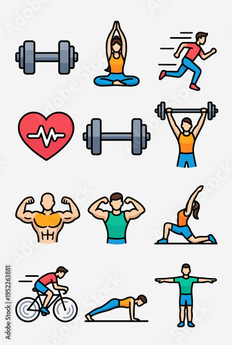 A Comprehensive Collection of Colorful Line Art Fitness and Workout Icons, Representing Various Health Activities, Physical Exercises, and Active Lifestyles for Wellness Design Projects