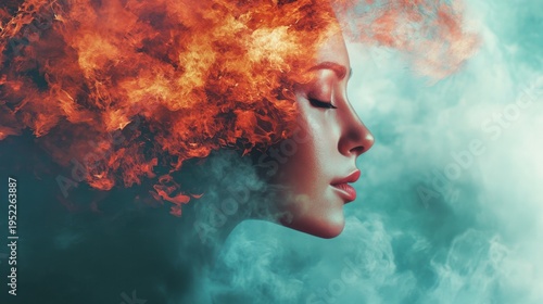 Fiery hair, serene face, smoky background