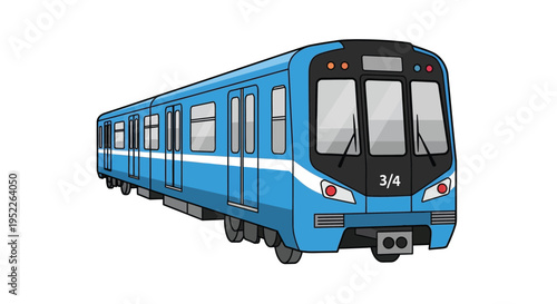 Cartoon illustration of a blue subway train traveling on the tracks