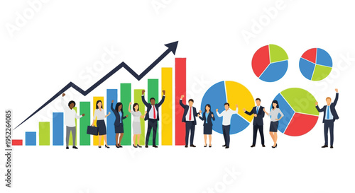 Successful business team celebrates growth with charts and positive trends