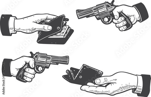 Armed Robbery Concept Illustration – Hand with Gun and Wallet Exchange Vintage Engraving Style Vector