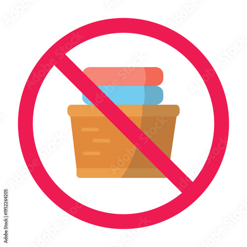 Forbidden sign with laundry basket icon, unwashed clothes prohibited symbol, no laundry service sign, do not place laundry here, vector illustration