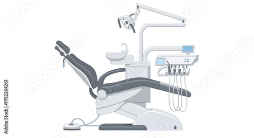 Illustration of a modern dental chair and equipment setup in a clinic