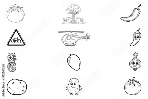 Mixed Icons Coloring Page – Fruits, Vegetables, Transport and Symbols Line Art Printable
