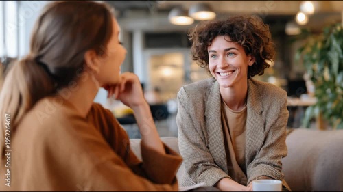Two happy female colleagues laughing and enjoying a conversation in a modern office lounge