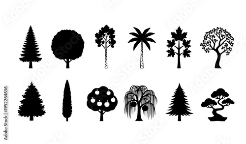 Minimalist vector set of tree silhouettes for nature and design projects