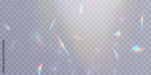 Blurred rainbow refraction overlay effect. Light lens prism effect on transparent background. Holographic reflection, crystal flare leak shadow overlay. Vector abstract illustration.