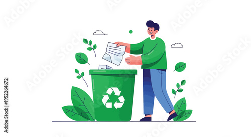Simple line drawing depicts a person discarding trash into a bin