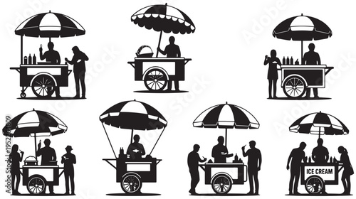 Street Food Vendors Silhouettes Operating Carts with Umbrellas and Customers, Black and White Isolated
