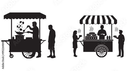 Street Food Vendors Cooking and Serving Customers at Carts Silhouette Icons