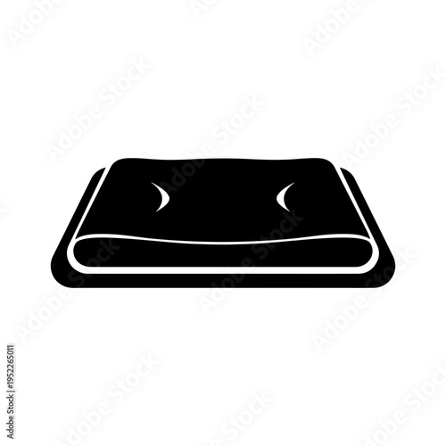 A stark black graphic of a bed with a simple headboard design presented as a silhouette