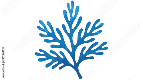 Intricate blue coral or leaf illustration with a textured feel and organic branches isolated on a white background for aquatic themes.